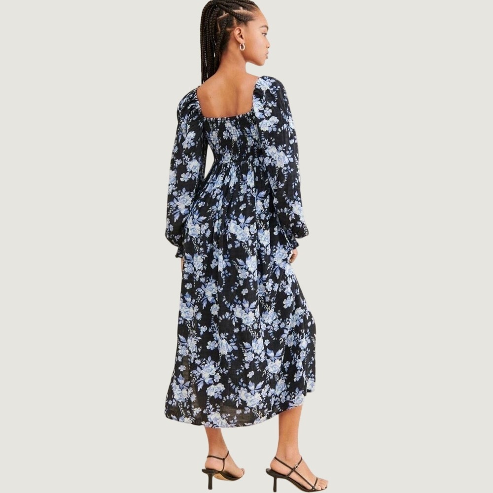 Free People Black Blue Floral Smocked Midi Dress Square Neck Side Slit Small - Picture 2 of 11